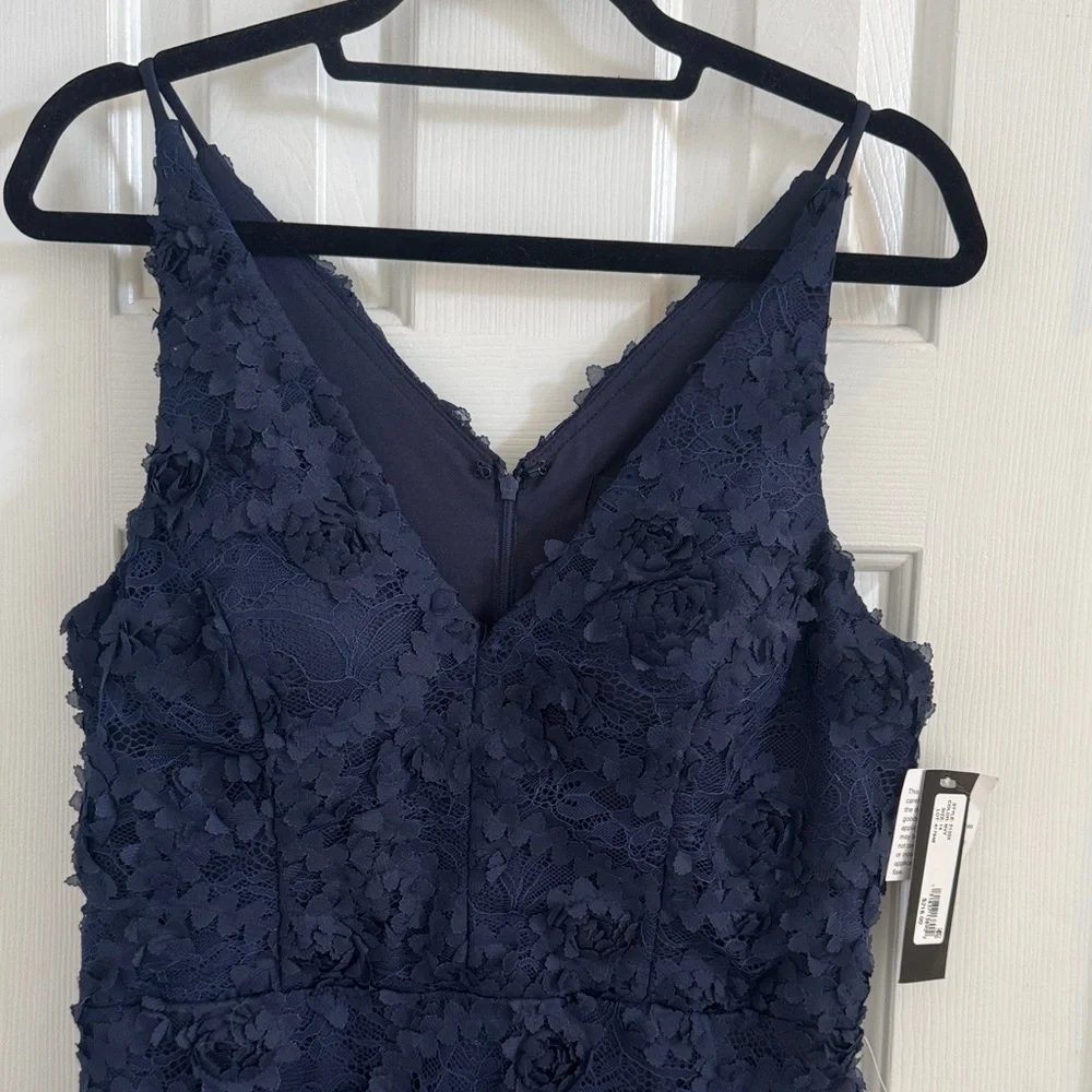 NWT Xscape Navy Lace  Dress w/ Navy Fabric Flowers Throughout